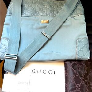 Gucci Crossbody Light Blue Guccissima Leather & Canvas Bag with Box and Dust Bag